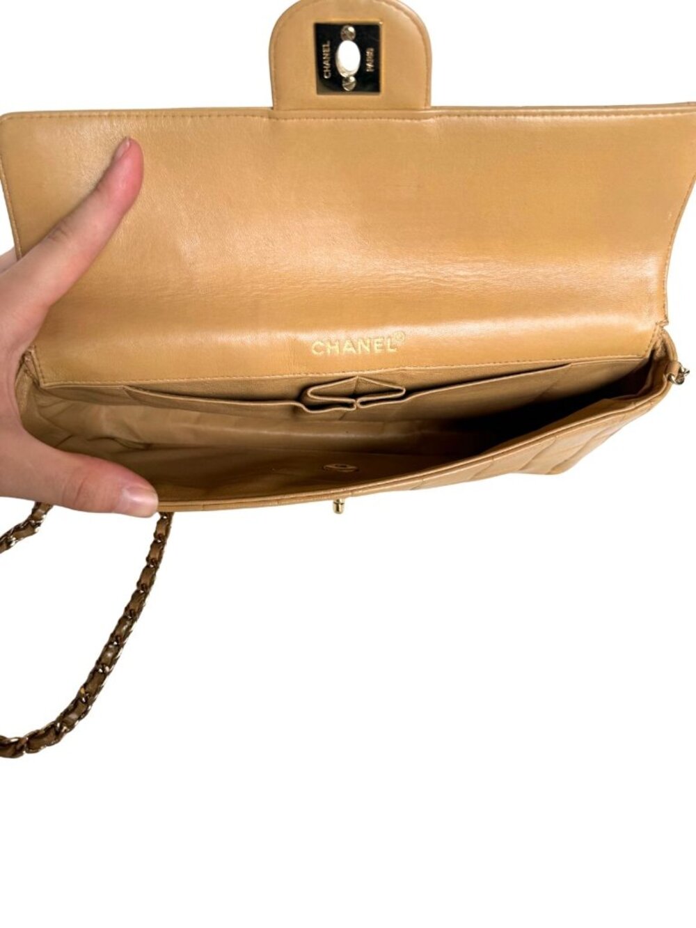 Authentic Vintage Chanel Beige Choco Bar Lambskin Chain Shoulder Bag - Picture 9 of 12